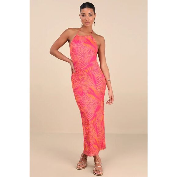 Lulus Camadi Hot Pink Animal Print Mesh Backless Midi Dress Size M NWT - Picture 1 of 9